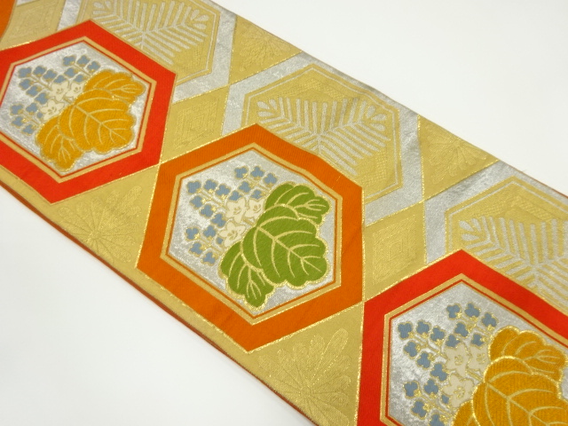 アンティーク　重ね亀甲に桐・笠松模様織り出し袋帯（材料）